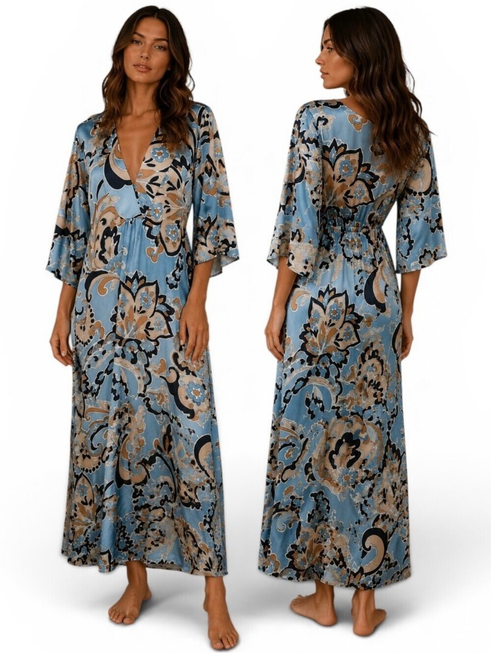Zara Satin Feel Paisley Midi Caftan Dress Blue Beige Boho Resort. Size Medium